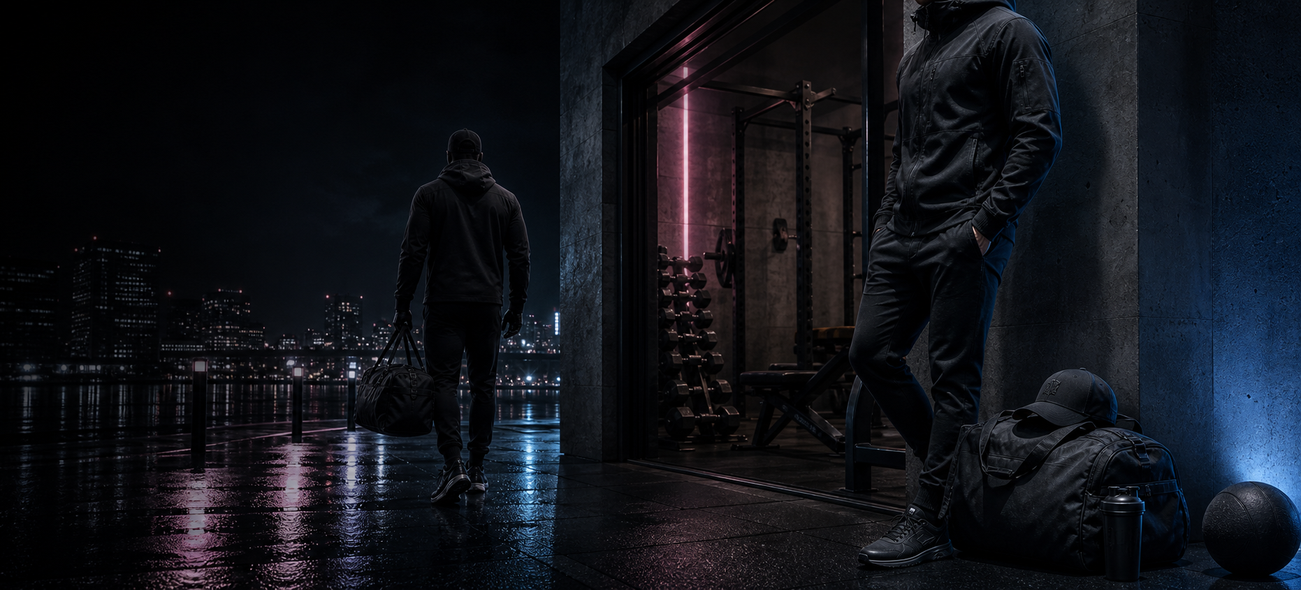Premium black street and gym apparel in a dark urban training setting